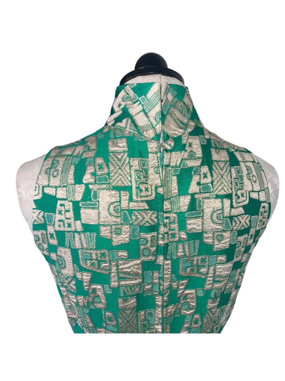 Vintage Womens Pleated Maxi Dress Size Small Green Gold Geometric Print Casual - Picture 5 of 16